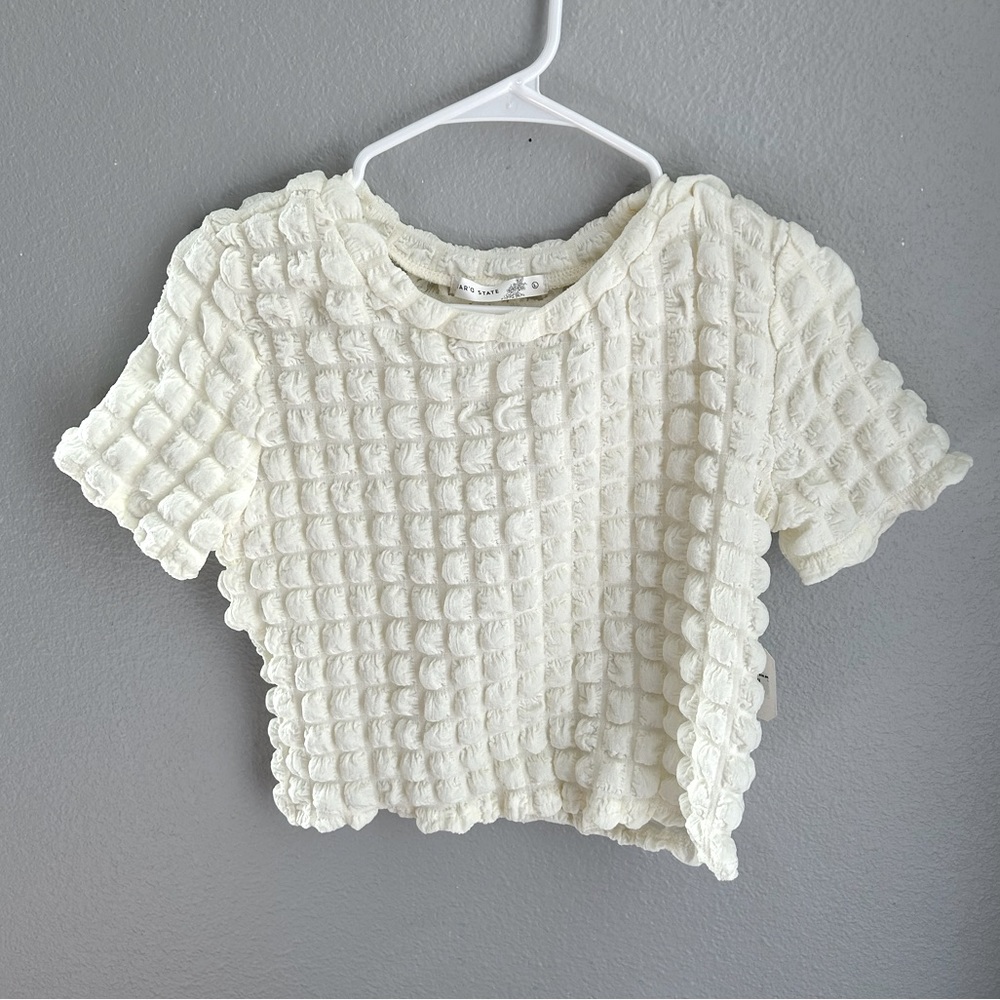 Altar'd State Cream Textured Puff-Square Short Sleeve Top